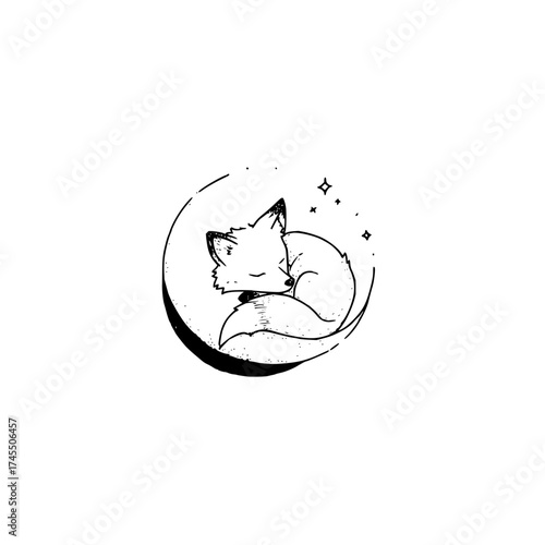 Illustration of a sleeping fox curled up inside a crescent moon with stars in a black and white sketch style