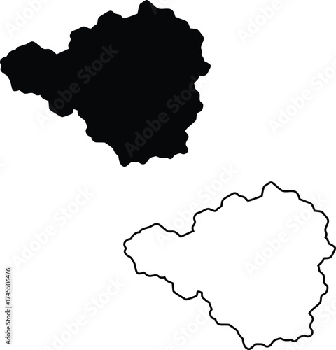 Two representations of an irregularly shaped geographic area with a solid black fill and a clear black line