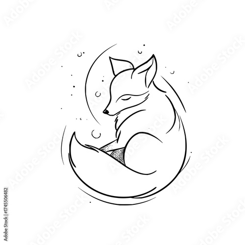 Fox curled up in a circle with its eyes closed in a line art style with moon and stars around it design