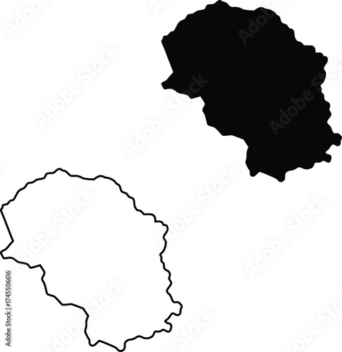 A distinct broad black geographical shape silhouette accompanied by its clear border outline on a clean white field