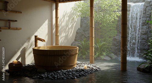 Wooden Bathtub in Zen Spa Setting with Waterfall and Green Plants