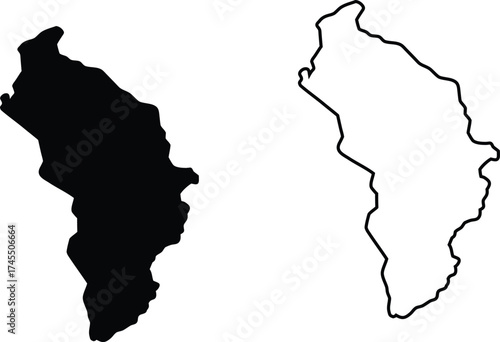 A long slender black map silhouette and its matching bold outline defining a specific territory on a plain white backdrop