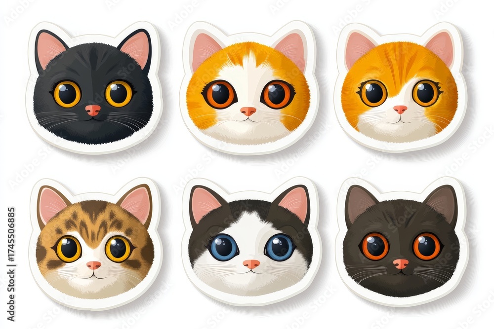 Fototapeta premium Collection of cute cat face stickers with various colors