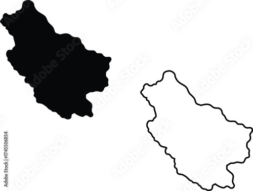 A clean black silhouette and corresponding outline of an irregular geographical landmass on a pure white background
