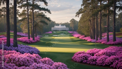 Scenic View of Augusta National Golf Course with Azaleas and Clubhouse