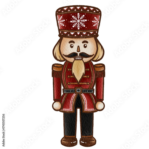 Watercolor Nutcracker Soldier in Red Uniform with Snowflake Hat Illustration