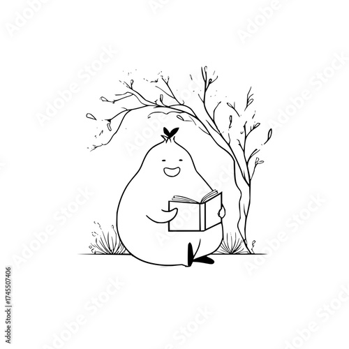 A cute pear shaped character reading a book sitting under a tree with sparse leaves in black and white