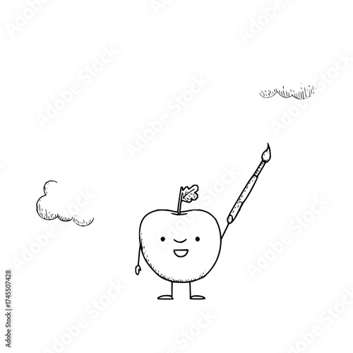 A whimsical apple character stands with a paintbrush against a backdrop of simple cloud sketches above it all