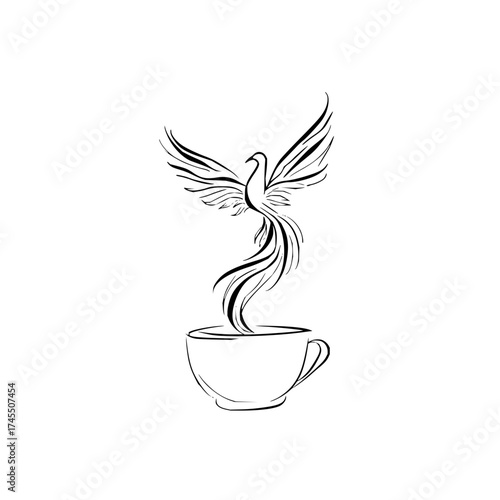 Stylized drawing of a phoenix rising from a teacup with flowing lines on a white background image design