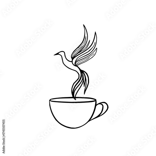 Stylized bird rising from a steaming cup in a minimalist black and white line drawing illustration art