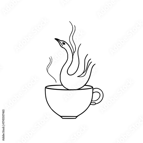 A swan shaped steam rising from a cup with a handle on a white background in a line art drawing