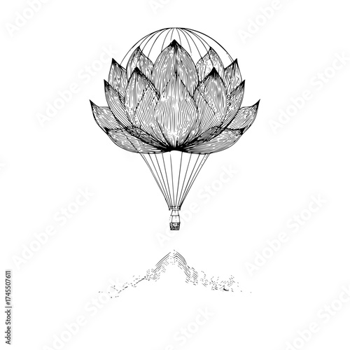A detailed line drawing of a hot air balloon shaped like a lotus flower with a reflection below it