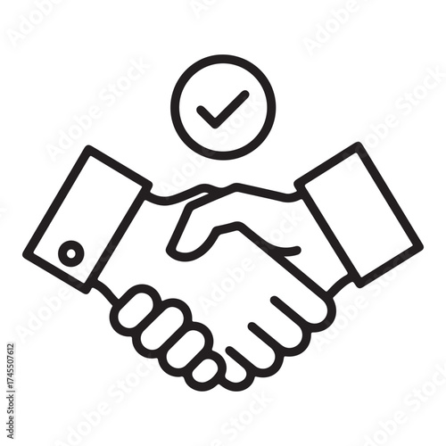 Handshake icon with a checkmark above, symbolizing agreement, partnership, and successful deal