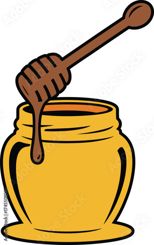 Sweet Organic Honey Jar and Stick Vector Illustration