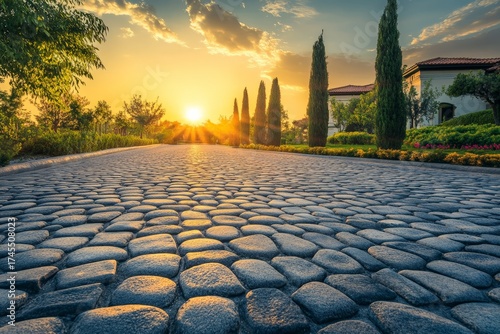 Sunset over cobblestone driveway leading to luxury estate
