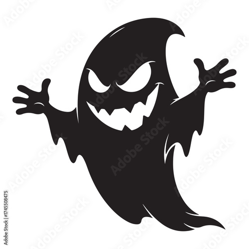 A spooky black ghost with a menacing grin and wideopen arms