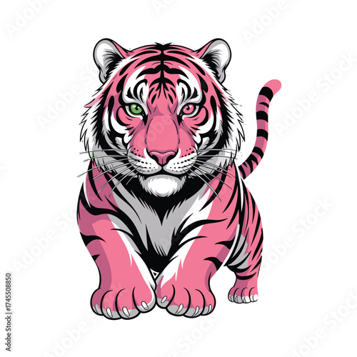 Pink Tiger Front View T-shirt Design with Striking Green Eyes and Stripes
