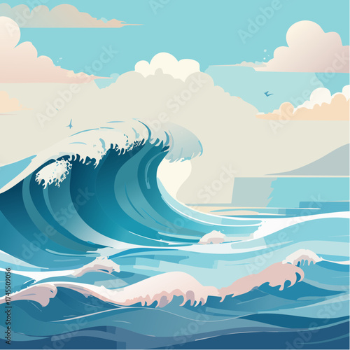 Ocean wave crashing on shore with clouds and seagulls