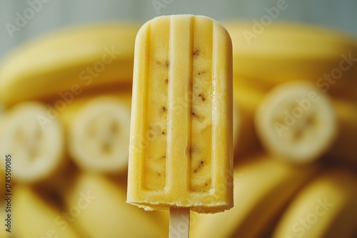 Yellow popsicle on background of bananas. Ice cream on a yellow background and banana slices