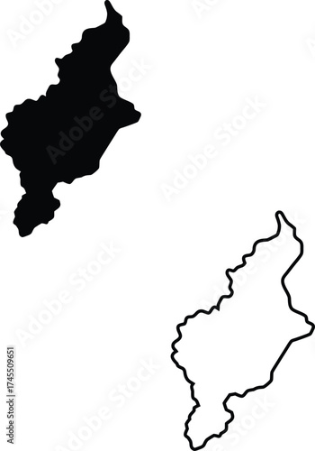 Black solid shape and outline of the Indian union territory of Jammu and Kashmir displayed on white