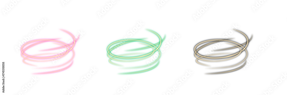 Naklejka premium Abstract Neon Light Spiral Trails on Black Background, Glowing Swirl Energy Lines in Pink, Green, and Gold Colors, Colorful Neon Spiral Motion Effect – Light Trail Design