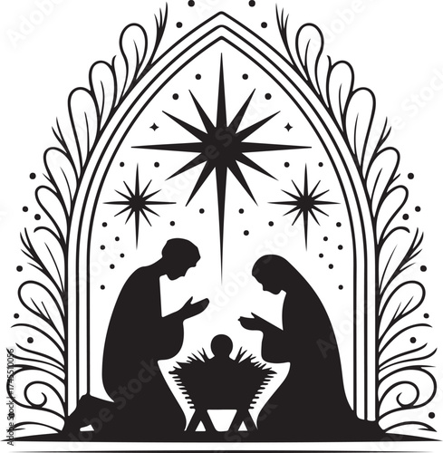 Silhouettes of people praying over child. Appearance of Jesus Christ, scenes from religious life. Bible Sketches, Christianity, Traditional Images, nursery, baby. Cartoon flat vector illustration
