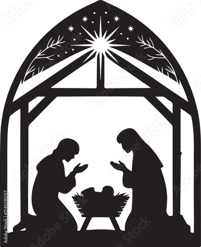 Silhouettes of people praying over child. Appearance of Jesus Christ, scenes from religious life. Bible Sketches, Christianity, Traditional Images, nursery, baby. Cartoon flat vector illustration