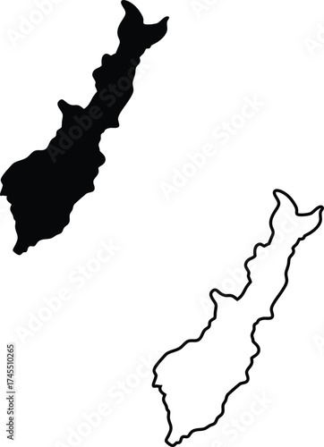 Solid black silhouette and clear outline of a distinct elongated island nation map on white