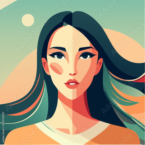 Woman portrait with flowing hair and moonlit sky