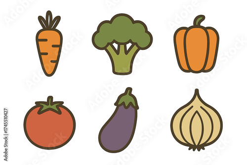Simple stylized fresh organic vegetables carrot broccoli pepper tomato eggplant onion set