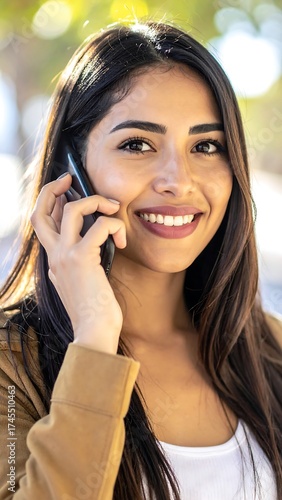 Smiling woman with long dark hair on a mobile phone outdoors
