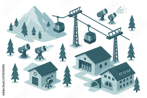Winter mountain ski resort infrastructure including snow cannons, lift towers, and base buildings