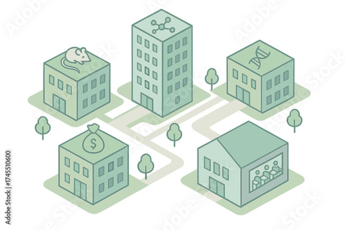 Isometric map showing interconnected buildings for scientific research, finance, and medical development