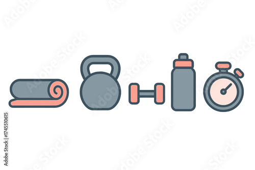 Fitness and gym equipment set featuring yoga mat kettlebell dumbbell water bottle and stopwatch
