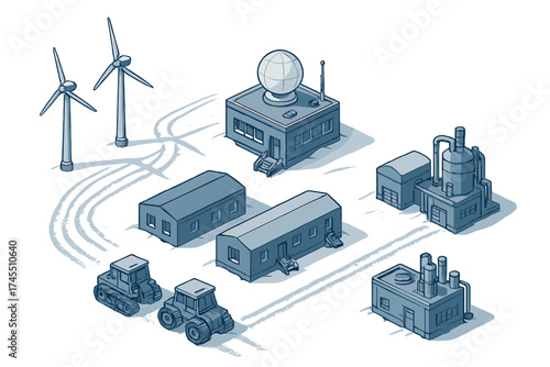 Isometric view of a remote research facility complex featuring wind turbines and industrial buildings