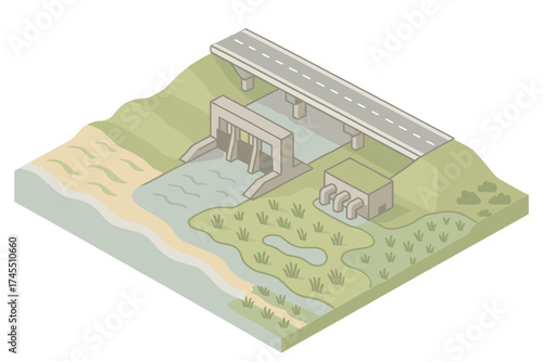 Isometric water dam structure with road bridge crossing reservoir and adjacent power facility