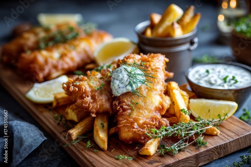 Macro detail close-up photography of a delicious fish and chips on a wooden board while standing against painted acrylic background