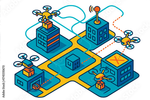 Automated drone logistics system transporting packages across a stylized isometric city grid