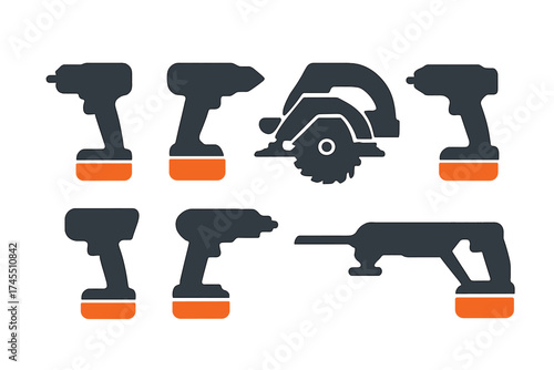 Set of cordless power tools including drills, impact drivers, and circular saw for construction and home renovation
