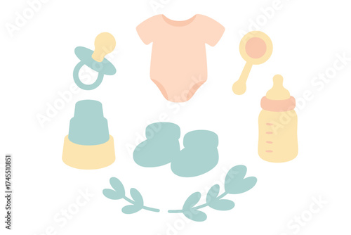 Pastel colored collection of newborn baby essentials arranged in a circular pattern