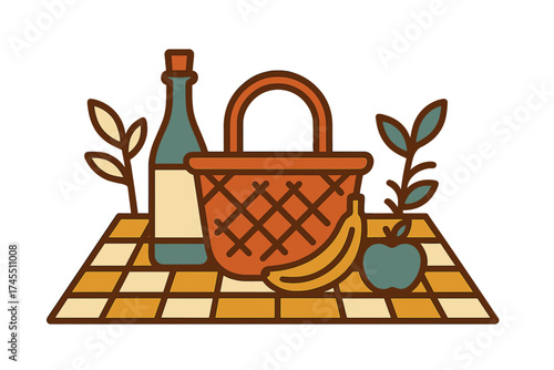 Retro picnic setup with basket, wine, and fruit on a checkered blanket