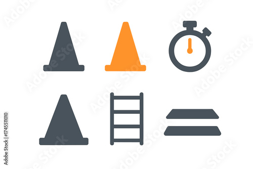 Sports training equipment set featuring cones, stopwatch, ladder, and steps