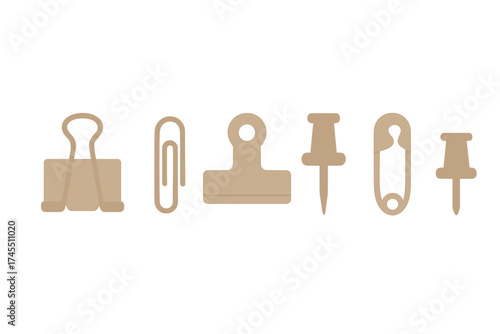 Set of essential office supplies featuring binder clip paper clip thumbtack safety pin and bulldog clip icons