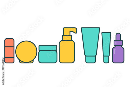 Colorful set of cosmetic and skincare product containers for beauty and hygiene routine