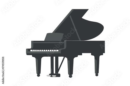 Elegant black grand piano with open lid and keyboard isolated on white background