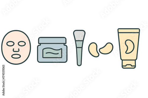 Essential beauty and skincare products including a face mask, cream jar, brush, and lotion tube set