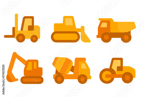 Collection of essential construction site heavy machinery icons including dump truck and excavator