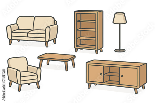 Stylish set of essential home furnishings for living room interior design