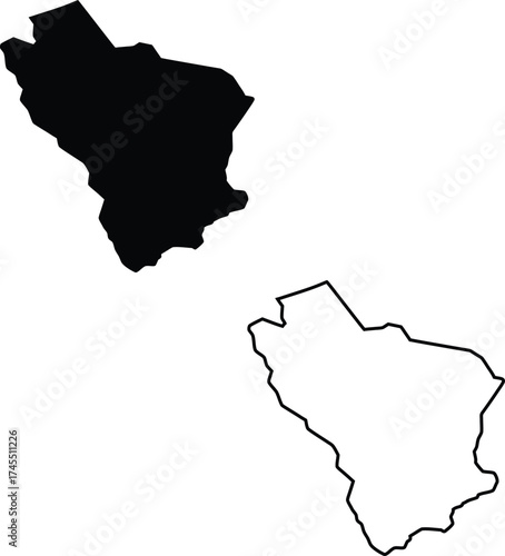 A striking black silhouette and its matching outline delineate a unique bell shaped geographical region