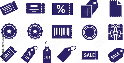 Solid glyph icons for e-commerce promotions and retail sales, including various tear-off coupons, discount badges, price tags, a barcode, and a wrapped gift box.
